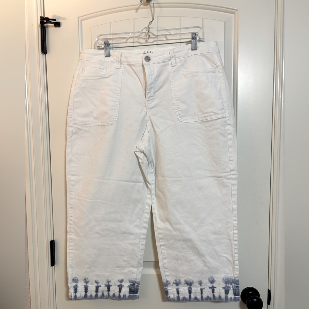 Style & Co. White Capri Pants with blue tie dyed feature